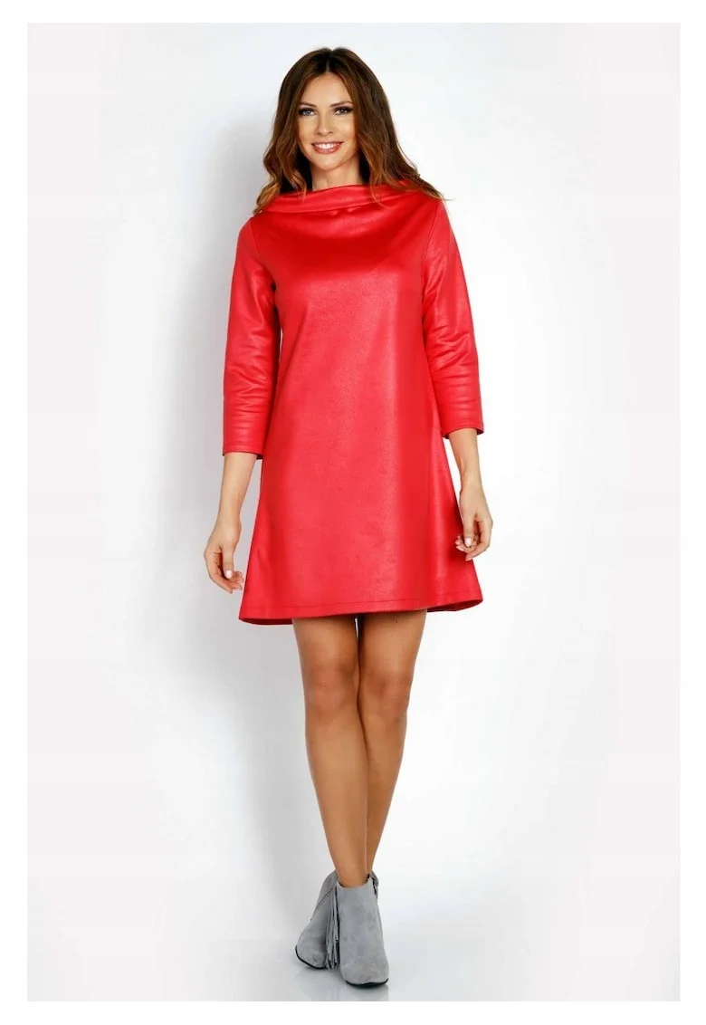 Rochie Dama,  L006, Trapez Mini, Decolteu Tip Cascada, Maneci 3/4, Usor Evazata, Tesatura Confortabila cu Vascoza si Elastan, Eleganta, Ideala Intalniri, Roz, Rosu