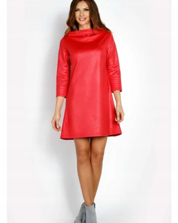 Rochie Dama,  L006, Trapez Mini, Decolteu Tip Cascada, Maneci 3/4, Usor Evazata, Tesatura Confortabila cu Vascoza si Elastan, Eleganta, Ideala Intalniri, Roz, Rosu