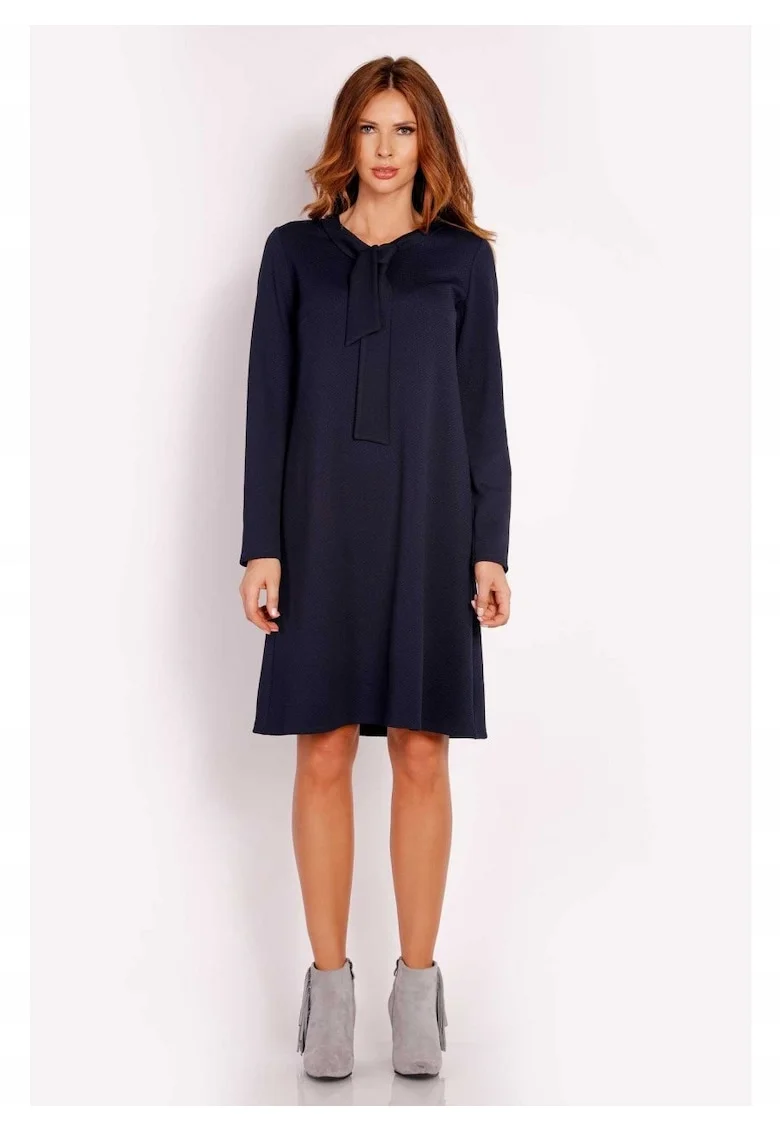 Rochie Dama,  L010, Trapez Midi, Evazata, Tesatura Confortabila cu Elastan, Lungime Midi, Usor Evazata la Baza, Croiala Clasica Eleganta, Bleumarin, Albastru inchis
