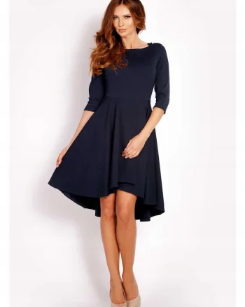 Rochie Dama,  L004, Asimetrica Evazata Midi, Maneci 3/4, Usor Evazata la Baza, Tesatura Confortabila cu Elastan, Croiala Clasica Eleganta, Ideala la Birou, Bleumarin, Albastru inchis