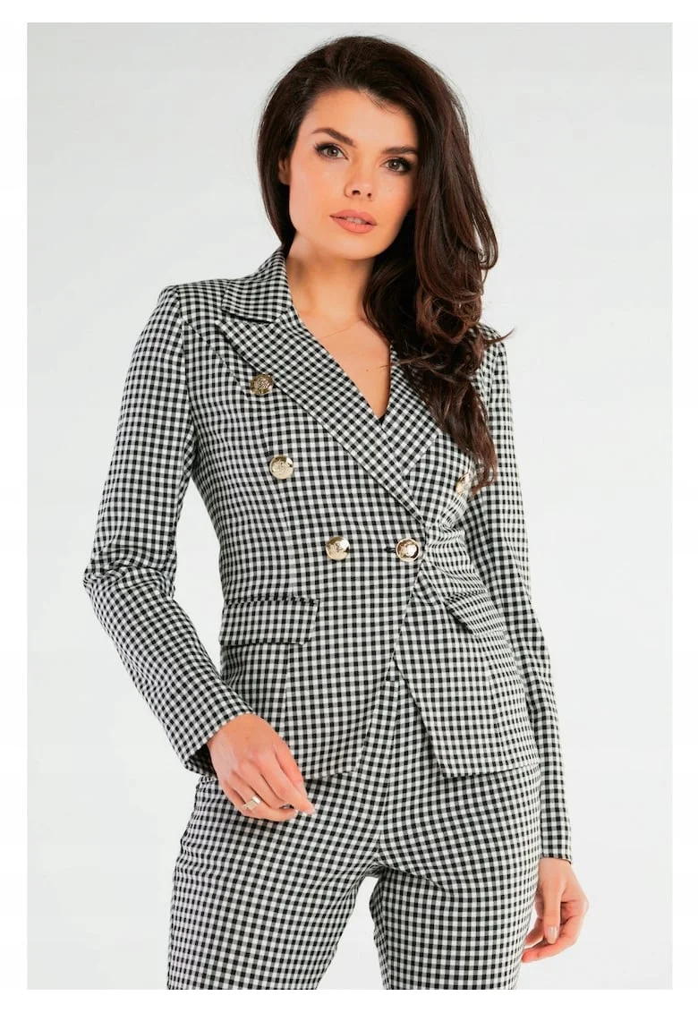Sacou Dama,  Design Cu Model In Carouri, Material Poliester, Croi Slim Fit, Maneci Lungi, Buzunare Cu Negru, Gri