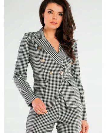 Sacou Dama,  Design Cu Model In Carouri, Material Poliester, Croi Slim Fit, Maneci Lungi, Buzunare Cu Negru, Gri