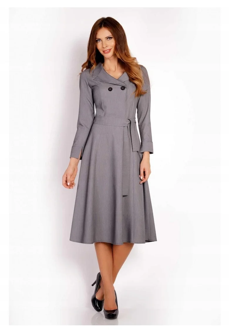 Rochie Dama,  L016, Material 60% Poliester, 35% Viscoza, 5% Elastan, Lungime Midi, Maneca Lunga, Curea In Talie, De Inalta Calitate, Gri, Gri