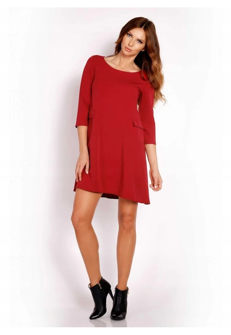 Rochie Dama,  L005, Trapez Mini, Eleganta, Maneci 3/4, Tesatura Confortabila cu Vascoza si Elastan, Croiala Clasica, Ideala Stil Formal si Casual, Bordeaux, Rosu