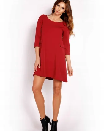 Rochie Dama,  L005, Trapez Mini, Eleganta, Maneci 3/4, Tesatura Confortabila cu Vascoza si Elastan, Croiala Clasica, Ideala Stil Formal si Casual, Bordeaux, Rosu