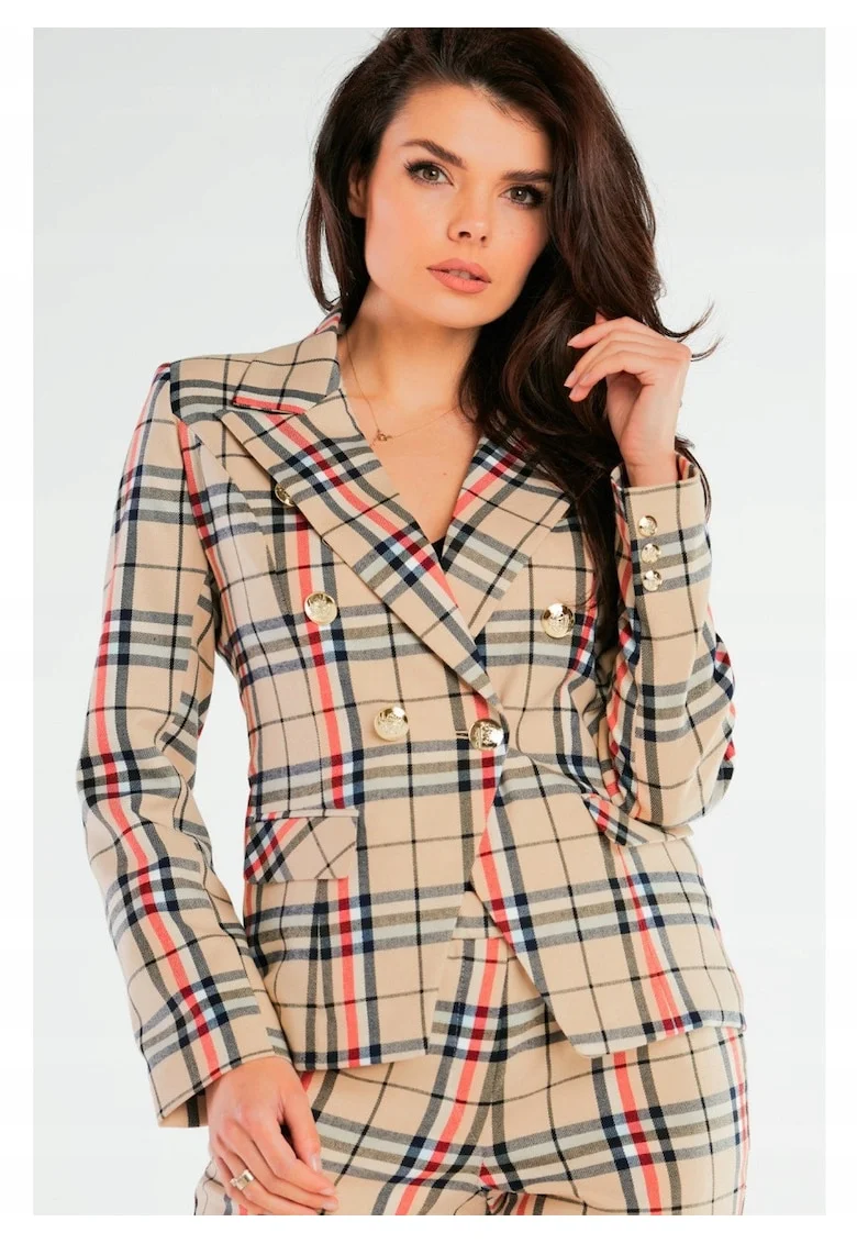 Sacou De Dama,  Design Cu Doua Randuri, Model In Carouri, Material Poliester, Croi Slim Fit, Maneci Lungi, Buzunare Cu Clapeta, Bej, Bej