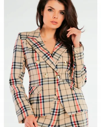 Sacou De Dama,  Design Cu Doua Randuri, Model In Carouri, Material Poliester, Croi Slim Fit, Maneci Lungi, Buzunare Cu Clapeta, Bej, Bej