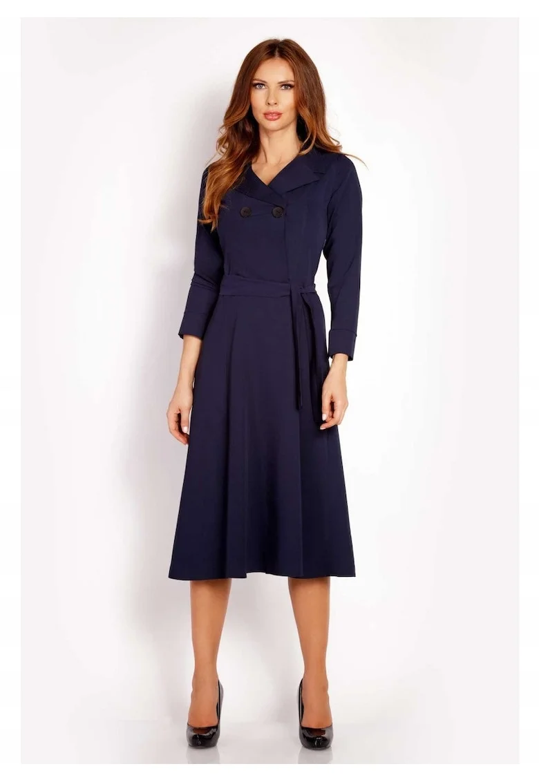 Rochie Dama,  L016, Material 60% Poliester, 35% Viscoza, 5% Elastan, Lungime Midi, In Curea In Talie, Albastru inchis