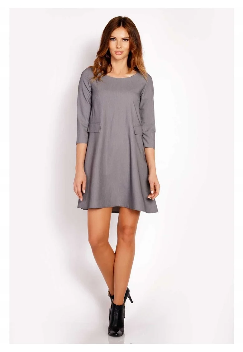 Rochie Dama,  L005, Trapez Mini, Eleganta, Maneci 3/4, Tesatura Confortabila cu Vascoza si Elastan, Croiala Clasica, Ideala Stil Formal si Casual, Gri, Gri