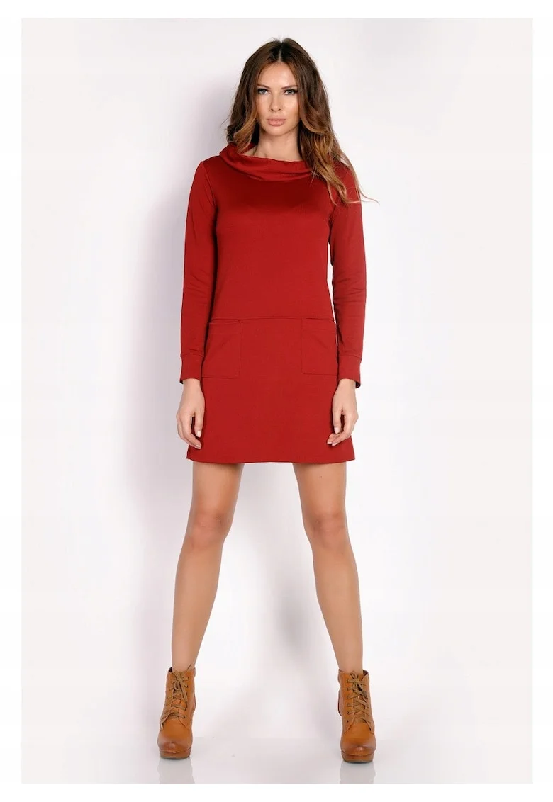 Rochie De Dama,  L015, Material 96% Poliester, 4% Elastan, Lungime Mini, 2 Buzunare Laterale, Maneci Lungi, De Inalta Calitate, Bordo, Rosu