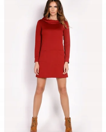 Rochie De Dama,  L015, Material 96% Poliester, 4% Elastan, Lungime Mini, 2 Buzunare Laterale, Maneci Lungi, De Inalta Calitate, Bordo, Rosu