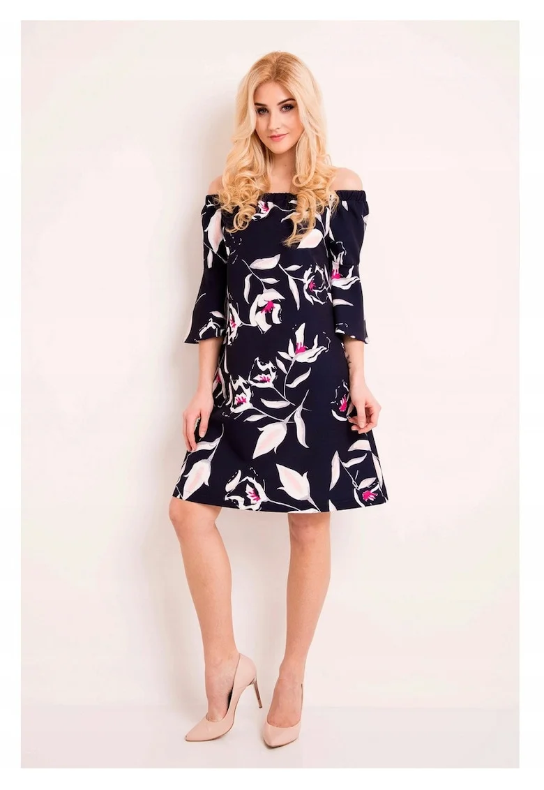 Rochie De Dama Cu Umerii Descoperiti,  L036, Material 95% Poliester, 5% Elastan, Lungime Midi, Decolteu Rotund, Stil Lejer, Maneci Trei Sferturi, De De, Albastru inchis