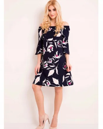 Rochie De Dama Cu Umerii Descoperiti,  L036, Material 95% Poliester, 5% Elastan, Lungime Midi, Decolteu Rotund, Stil Lejer, Maneci Trei Sferturi, De De, Albastru inchis