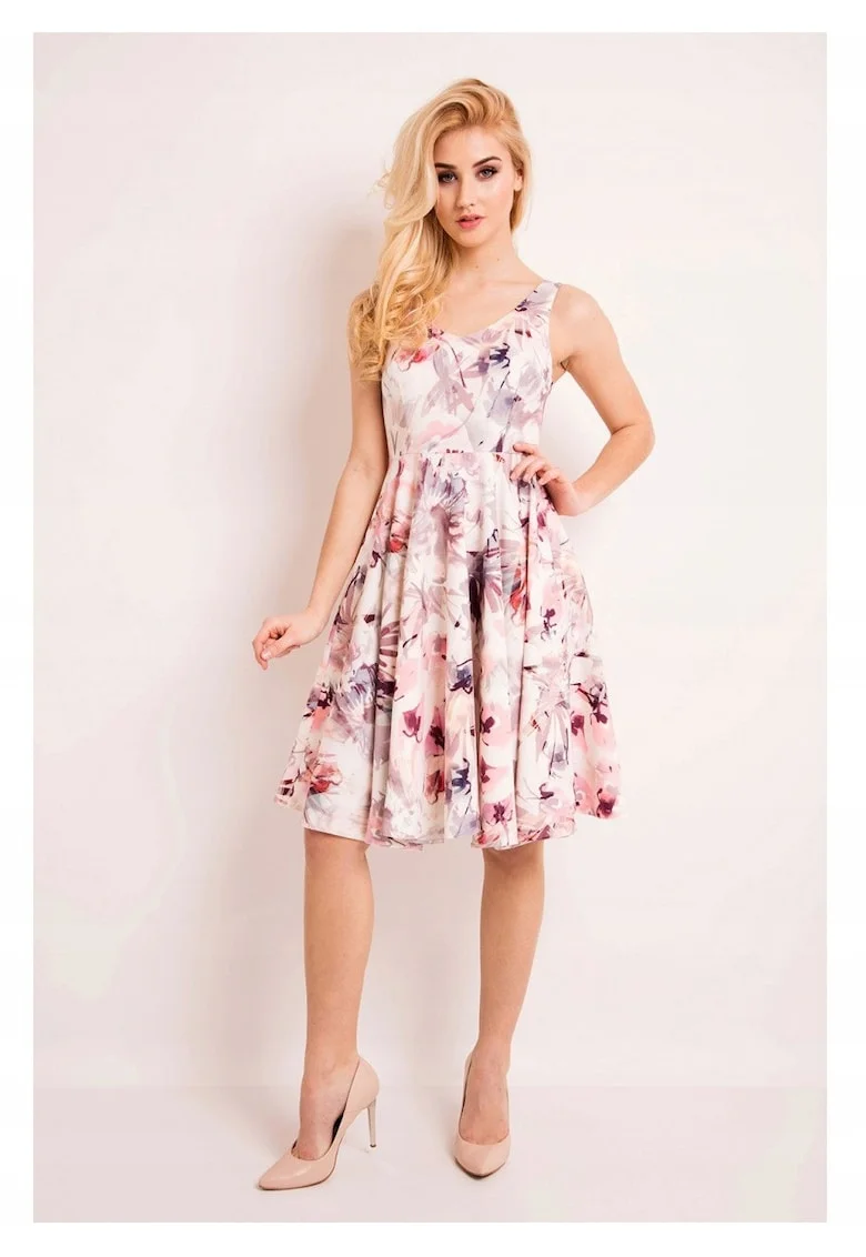 Rochie Midi Pentru Femei,  L038, Flori Intunecate, Croi Evazat, Material 95% Poliester, 5% Elastan, Decolteu Rotund, Decolteu Adanc, Fara Inchidere, Fara Maneci, De Inalta Calitate, Multicolor, Roz