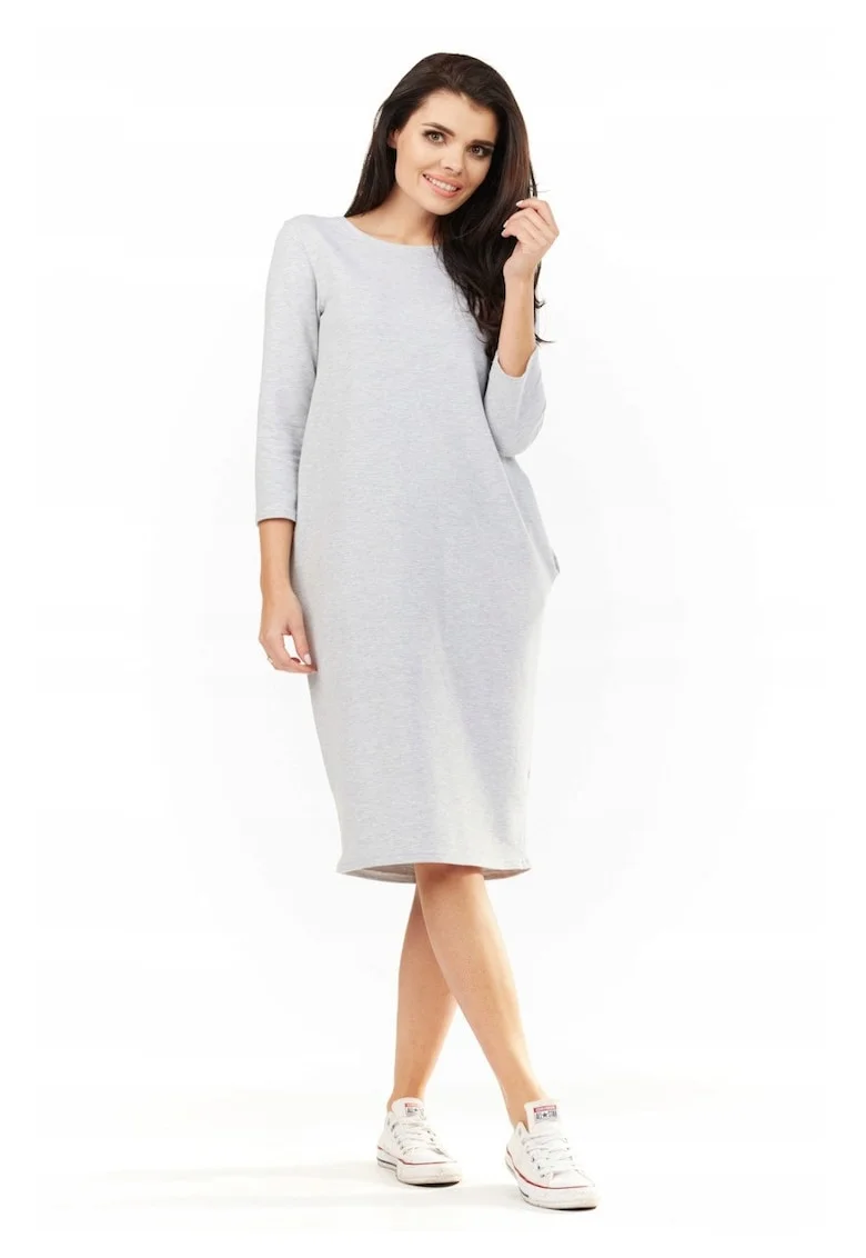 Rochie Dama,  L059, Material 70% Viscoza, 25% Poliester, 5% Elastan, Lungime Midi, Decolteu Rotund, Maneca 3/4, Accesorii 2 Buzunare Laterale, De Inalta Calitate, Gri, Gri