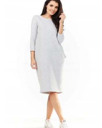 Rochie Dama,  L059, Material 70% Viscoza, 25% Poliester, 5% Elastan, Lungime Midi, Decolteu Rotund, Maneca 3/4, Accesorii 2 Buzunare Laterale, De Inalta Calitate, Gri, Gri
