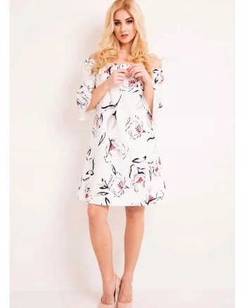 Rochie De Dama Cu Umerii Descoperiti,  L036, Material 95% Poliester, 5% Elastan, Lungime Midi, Decolteu Rotund, Stil Lejer, Maneci Trei Sferturi, De Inalta Calitate, Ecru, Ecru
