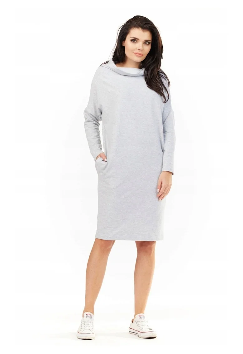 Rochie De Dama,  L061, Bumbac, Midi, Maneci Lungi, Decolteu Rotund, De Inalta Calitate, Gri, Gri