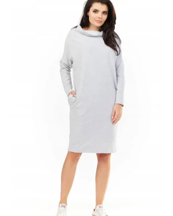 Rochie De Dama,  L061, Bumbac, Midi, Maneci Lungi, Decolteu Rotund, De Inalta Calitate, Gri, Gri