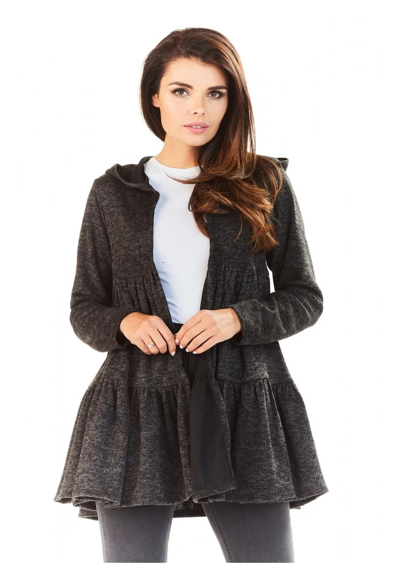 Cardigan Pentru Femei,  L053, Cu Gluga Si Volane, Poliester, Croi Normal, Maneci Lungi, Decolteu In V, Gri antracit