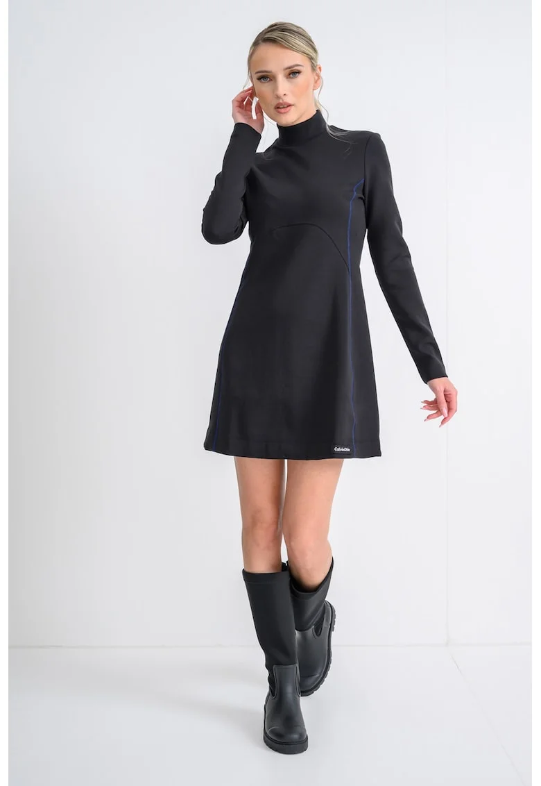 Rochie scurta cu guler inalt, Negru/Albastru
