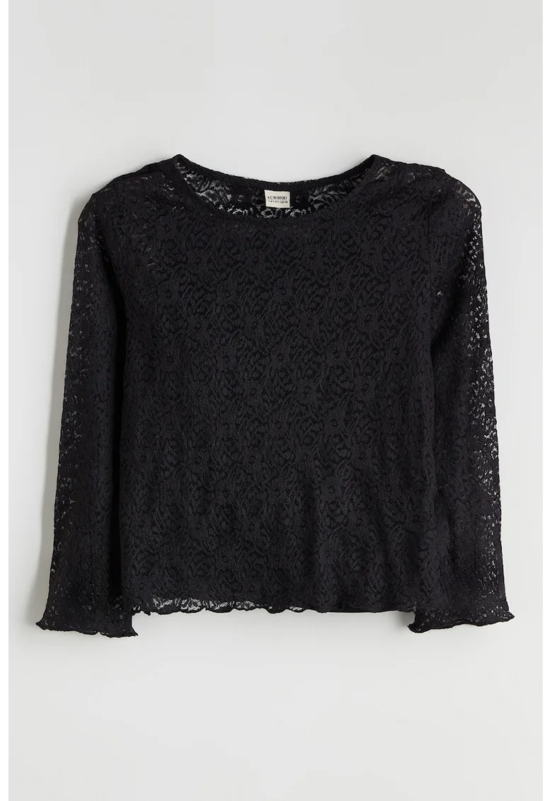 Bluza de dantela cu decolteu rotund, Negru
