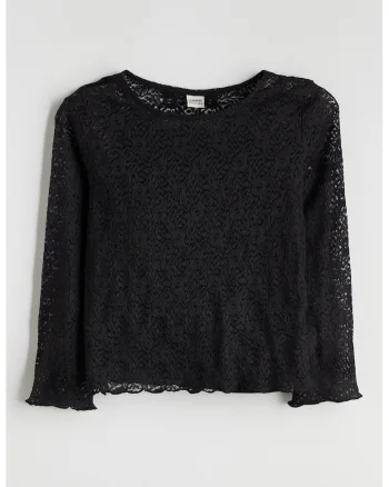 Bluza de dantela cu decolteu rotund, Negru