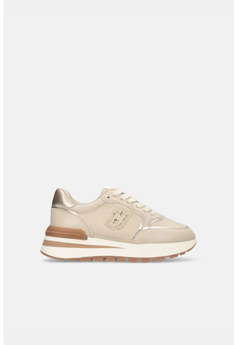 Pantofi sport flatform de piele cu accente metalizate, Auriu/Bej