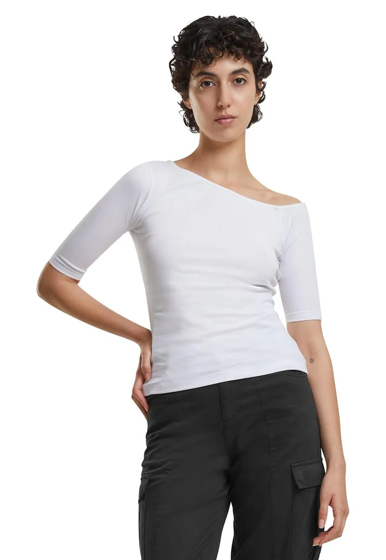 Bluza slim fit cu decolteu asimetric, Alb optic