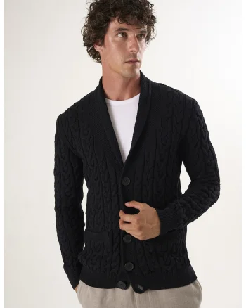 Cardigan din bumbac cu model torsade si nasturi, Negru