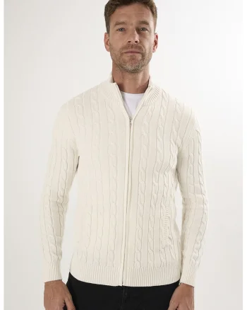 Cardigan uni de bumbac cu fermoar, Alb murdar