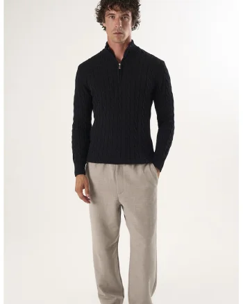 Pulover regular fit cu fenta cu fermoar, Negru
