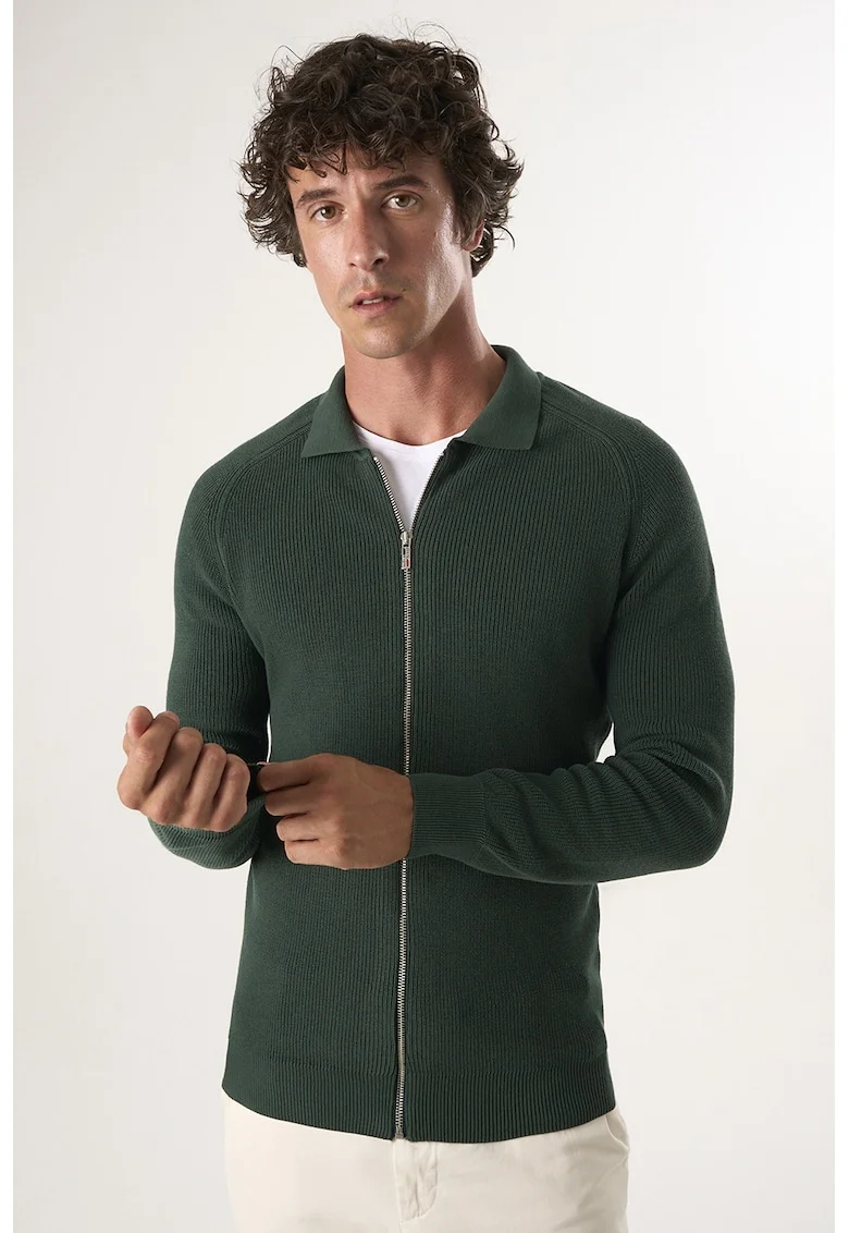 Cardigan cu fermoar si maneci raglan, Verde aquamarin