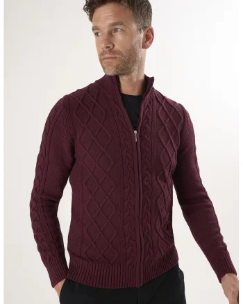 Cardigan cu fermoar si model torsade, Rosu inchis