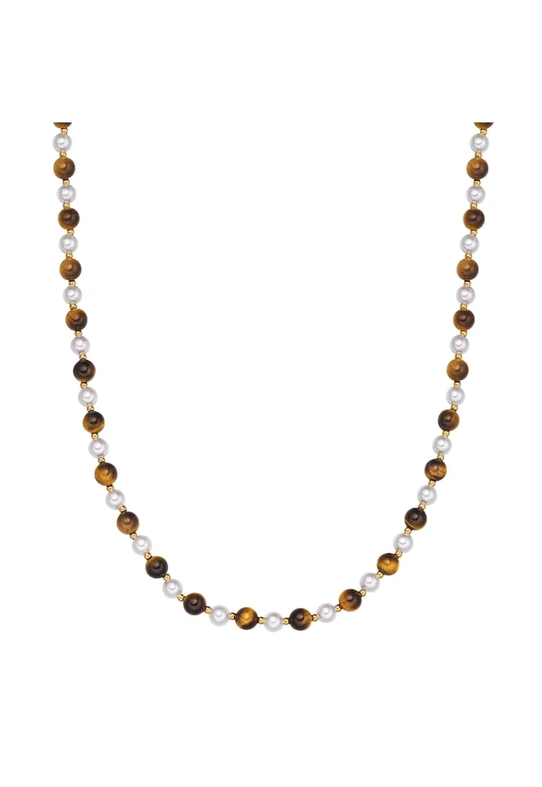 Colier cu perle naturale si margele Tiger Eye, Maro