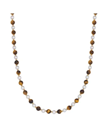 Colier cu perle naturale si margele Tiger Eye, Maro