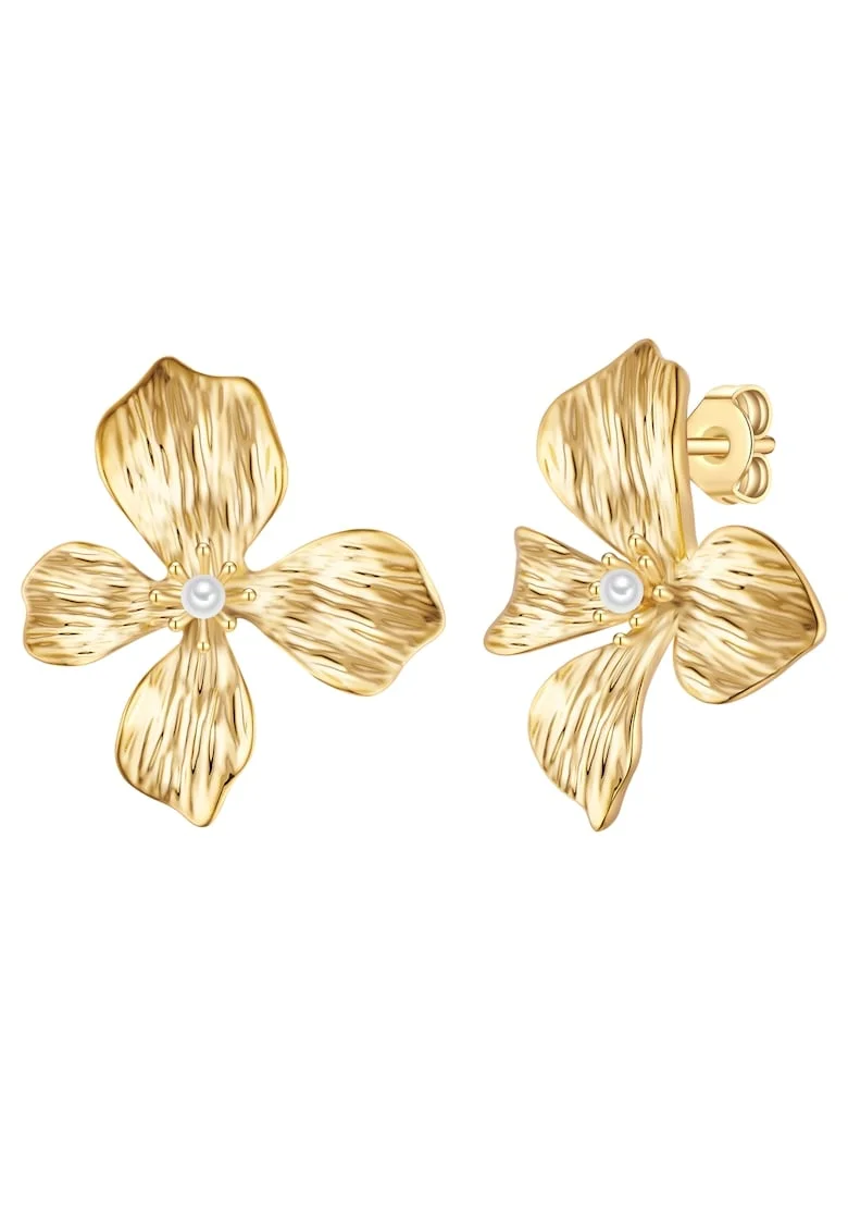 Cercei cu tija, in forma de floare, placati cu aur de 14K, decorati cu perle sintetice, Auriu