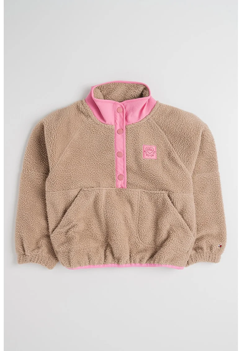 Bluza de trening din material fleece cu fenta cu capsa, Maro camel/Roz