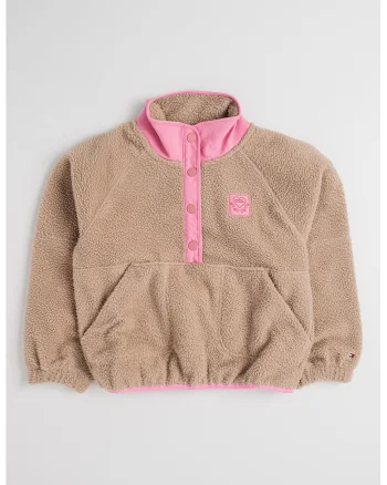 Bluza de trening din material fleece cu fenta cu capsa, Maro camel/Roz