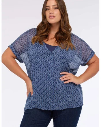 Bluza din sifon cu decolteu in V, Albastru prafuit