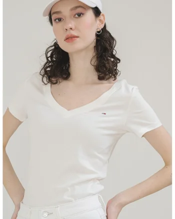 Tricou slim fit cu broderie logo discreta, Alb murdar