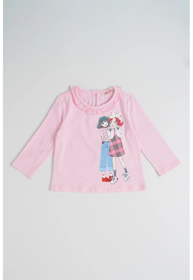 Bluza cu imprimeu si guler cu volane, Alb/Roz pastel/Albastru deschis
