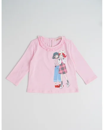 Bluza cu imprimeu si guler cu volane, Alb/Roz pastel/Albastru deschis