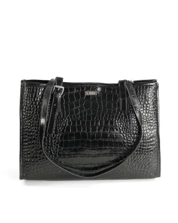 Geanta dama  FL55 LUNE, piele naturala lacuita, model crocodil, neagra, 26,5x36x11cm