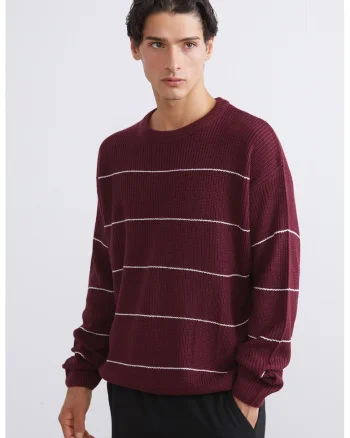 Pulover lejer cu model in dungi, Alb/Visiniu