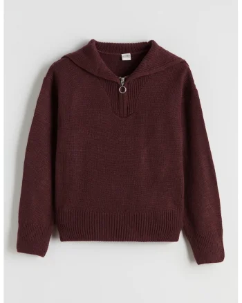 Pulover regular fit cu fenta cu fermoar, Visiniu