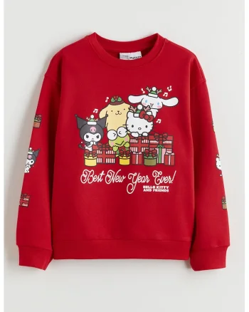 Bluza de trening cu croiala lejera si imprimeu Hello Kitty si Friends, Rosu/Alb/Galben