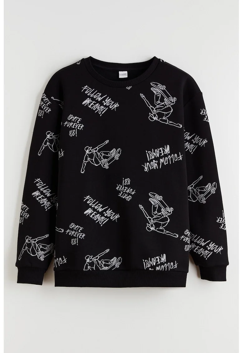 Bluza de trening cu decolteu la baza gatului si model grafic, Alb/Negru