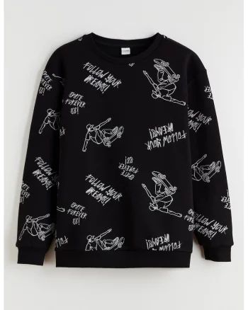 Bluza de trening cu decolteu la baza gatului si model grafic, Alb/Negru