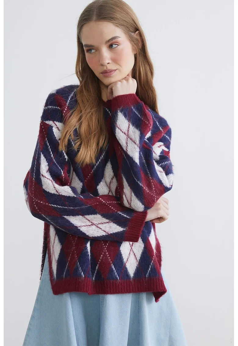 Pulover cu model argyle, Alb/Visiniu/Bleumarin